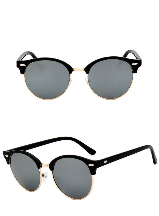 Retro clubmaster sunglasses with black frames, dark lenses, and gold-tone metal accents, shown from multiple angles. - Image 11