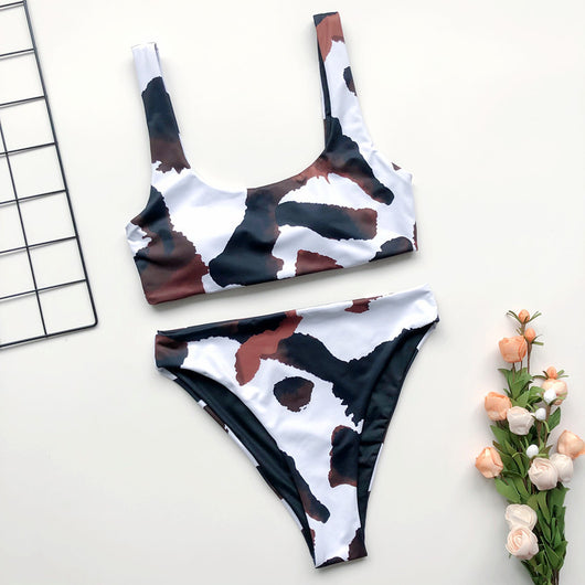 Women's black and white tie-dye two-piece swimsuit with a scoop neck bralette top and high-cut bottom. - Image 3