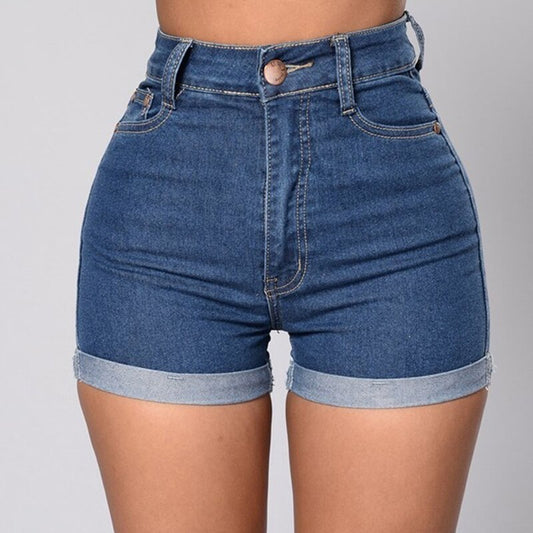 Shorts Denim Ajustados con Ruedo Enrollado