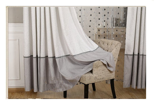 Grey and white two-tone blackout curtains with a sheer polka dot panel, hung on a white grommet rod. - Image 4