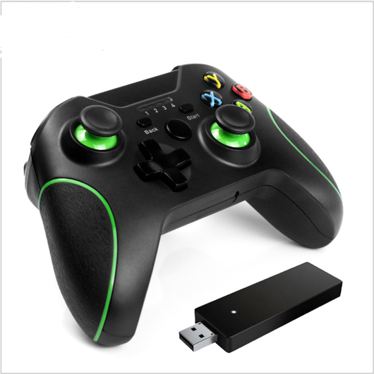 Black wired USB game controller with green accents, two joysticks, and ABXY buttons, shown with USB, USB-C, and micro-USB adapters. - Image 6