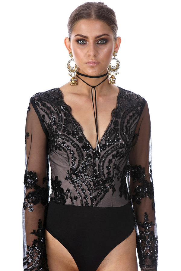 Jumpsuit Elegante con Lentejuelas Simétricas en Forma de Flor y Manga Larga - Image 5