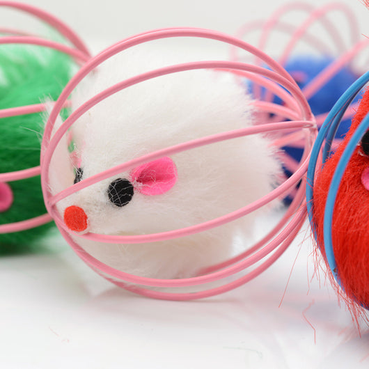Four colorful wire cage mouse cat toys in green, white, blue, and red, designed for interactive pet play. - Image 2