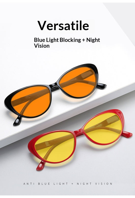 Retro cat-eye sunglasses with bright black frames and yellow night vision lenses on a white background. - Image 13