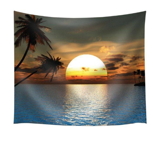 Sunset beach tapestry with palm trees silhouetted against an orange and yellow sky reflecting on blue ocean water.