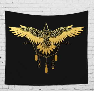 Bohemian sun and moon tapestry with a celestial pattern of golden suns and crescent moons on a dark blue background. - Image 6