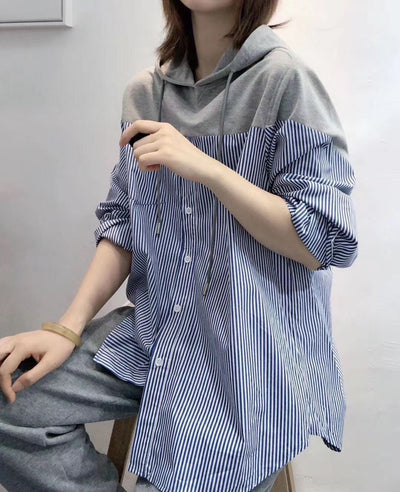 Camisa Hoodie Suelta con Costuras y Rayas Versátil - Image 10
