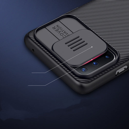 Black textured phone case for OnePlus 8T with a sliding camera cover and precise cutouts for buttons. - Image 5