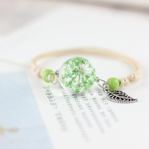 Pulsera Esfera de Cristal con Flores Secas - Diente de León y Estrellas