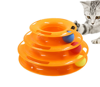 Pink four-layer cat turntable toy with colorful balls on each track, measuring 16cm high and 29cm wide. - Image 7