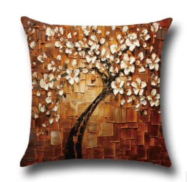 Funda de Cojín de Algodón con Pintura al Óleo Tridimensional - Árboles y Flores - Image 9
