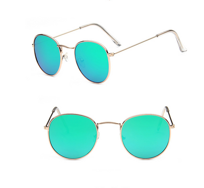 Two pairs of round gold-frame sunglasses, one with mirrored orange lenses and one with solid red lenses. - Image 5