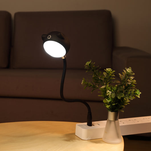 Black cat-shaped USB desk lamp with a flexible gooseneck and silver light panel, ideal for modern desks. - Image 3