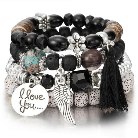 Pulsera Cristal Piedra Volcánica Multicapa con Borla Ala para Mujer - Image 11