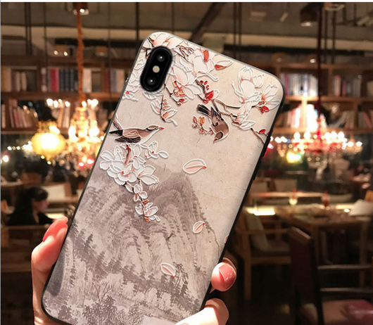 Funda iPhone 8 Plus Estilo Chino con Relieve 3D - Diseño Urraca y Puesta de Sol - Image 4