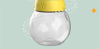 Portable pet water bottle with white drinking bowl, translucent grey reservoir, and yellow paw print band. - Image 10