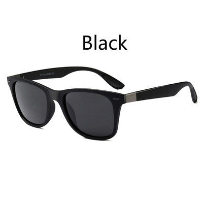 Black frame polarized sunglasses with blue mirrored lenses and blue and red accents on the temples.