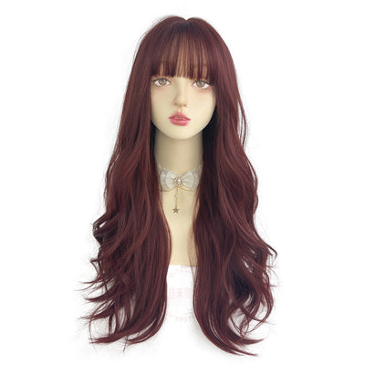 Peluca Larga Ondulada Estilo Coreano Flequillo Voluminoso Rojo Vino Cabello Rizado - Image 5