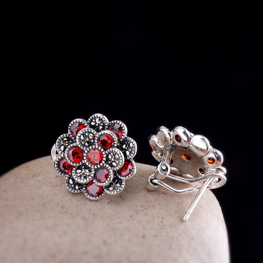 Aretes de Plata 925 Flor con Zircón Rojo para Mujer - Image 10