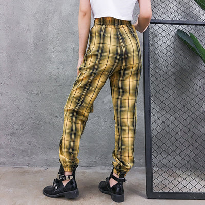 Pantalones Cargo Plaid Cintura Alta Elástica Mujer Estilo Streetwear - Image 5