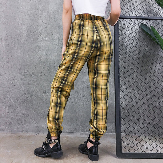 Pantalones Cargo Plaid Cintura Alta Elástica Mujer Estilo Streetwear - Image 5