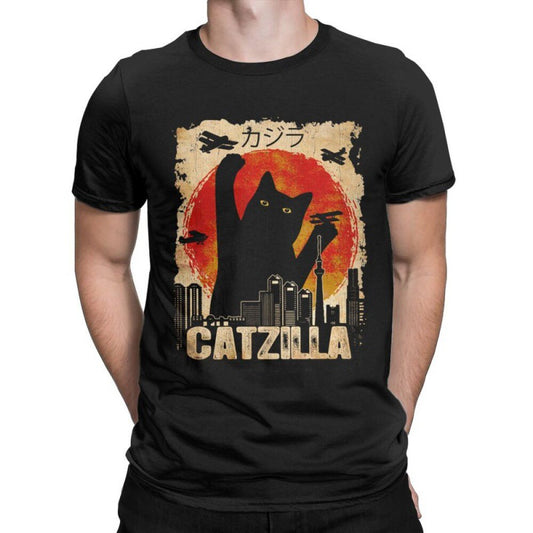 Camiseta Retro Gato Estampado Unisex de Manga Corta