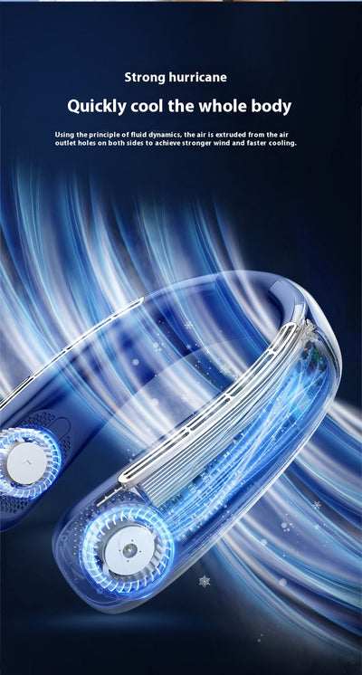 Light blue U-shaped neck fan with a digital display showing 100% charge and multiple air vents. - Image 33