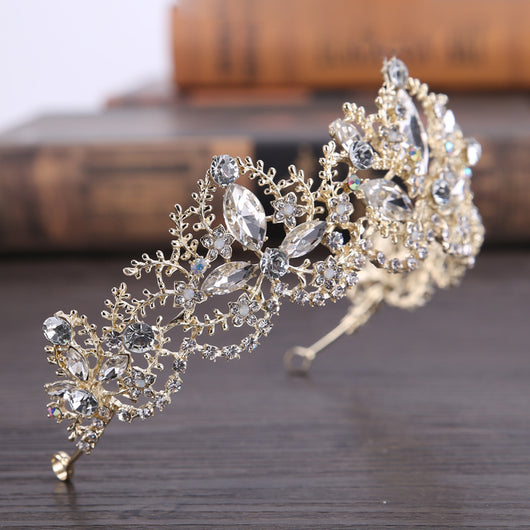 Corona Tiara Nupcial de Cristal Barroco Lujo con Acabado Oro Claro - Image 3