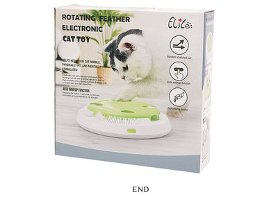 Round electric cat toy with a white base and a lime green top, featuring a rotating white feather. - Image 4