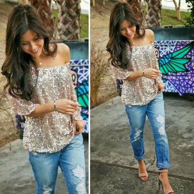 Blusa Suelta Sexy con Lentejuelas Brillantes Fuera del Hombro para Mujer - Image 4