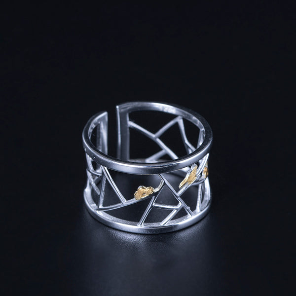 Anillo Ancho Irregular con Diseño de Pájaro