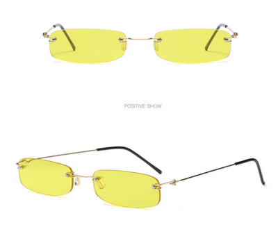 Rimless trendy sunglasses with rectangular orange lenses and gold-tone metal frames, featuring black temple tips. - Image 15