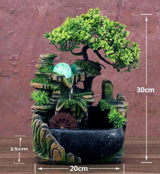 Resin desktop fountain with simulation rockery, a green bonsai tree, glowing orb, and water wheel. Measures 30cm tall. - Image 6