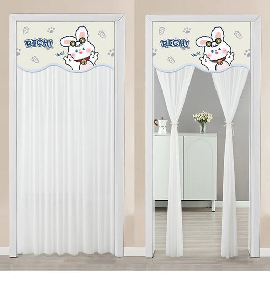 Double-layer blackout doorway curtain with a light blue top featuring a cartoon bear and "LUCK DAY!" text. - Image 54