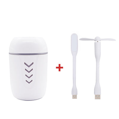 Light blue portable car humidifier with chevron pattern, white USB LED light, and white USB mini fan. - Image 9