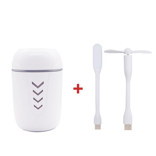 Light blue portable car humidifier with chevron pattern, white USB LED light, and white USB mini fan. - Image 9