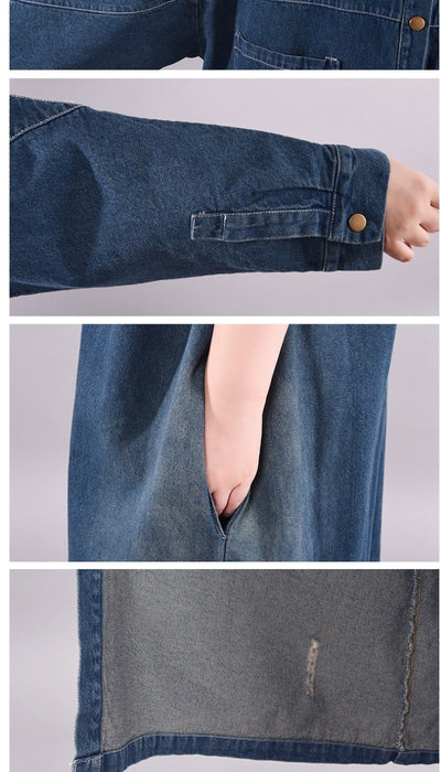 Abrigo Denim Tipo Trench Suelto Retro Desgastado Largo Medio - Image 9