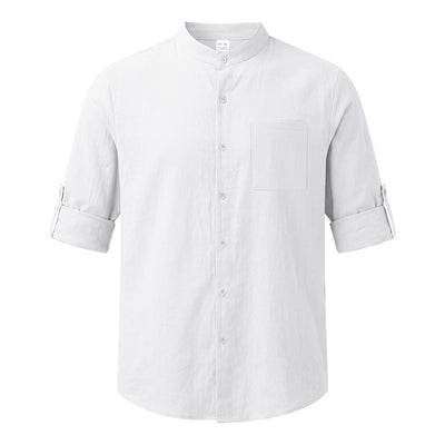 Camisa de Lino Estilo Americano con Cuello Mao y Mangas Medianas para Hombre - Image 19
