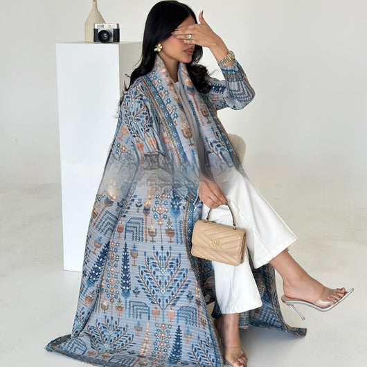 Cardigan Djellaba Étnico con Pliegues y Estampado - Capa Clásica de Moda - Image 17