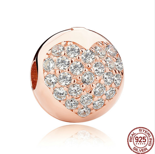 Cuentas de Plata Esterlina S925 con Diamantes en Forma de Corazón Oro Rosa para Joyería DIY