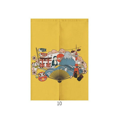 Japanese style noren door curtain with two red and blue Ukiyo-e koi fish on a cream wave pattern background. - Image 36