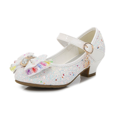 Red glitter Mary Jane shoes for girls with a decorative bow, clear and pink crystals, and a moon and star charm. - Image 14