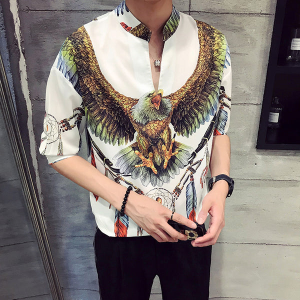 Camisa Casual Coreana Transpirable con Mangas de Cinco Puntos para Hombre