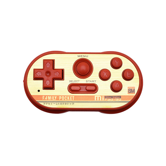 Blue and yellow mini TV handheld video game console with D-pad, joystick, and action buttons.