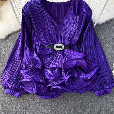 Blusa Suelta con Cuello V, Mangas Largas y Volantes en Bajo - Image 58