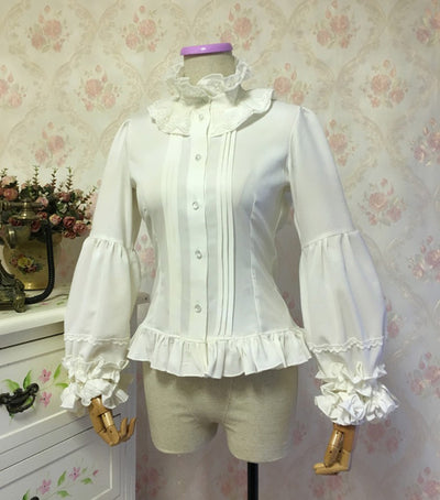 Blusa Elegante de Encaje con Mangas Acampanadas y Cuello Mao