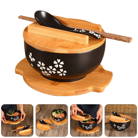 Tazón de Cerámica para Fideos y Arroz con Tapa Estilo Japonés