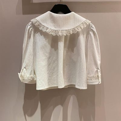 Blusa Suelta con Cuello Fruncido Bordado y Manga Corta para Mujer - Image 2