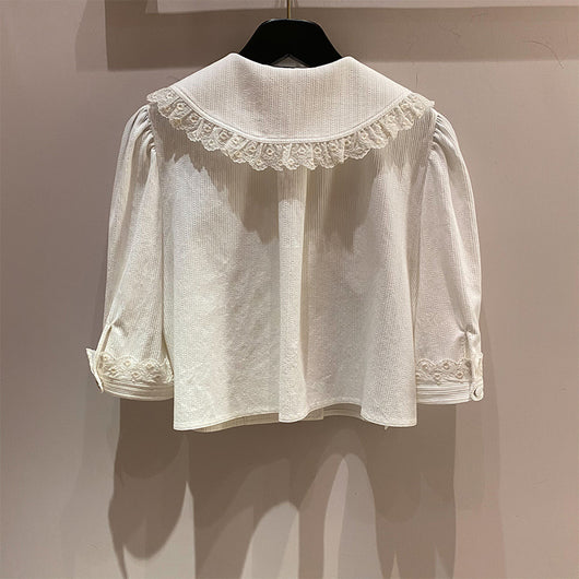 Blusa Suelta con Cuello Fruncido Bordado y Manga Corta para Mujer - Image 2