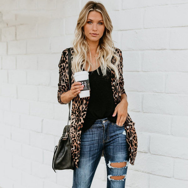 Chaqueta Leopardo Escote V Manga Larga con Botones